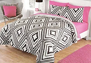 Dovedote Q Geo Aztec Reverse to Cozy Plush Comforter Set Bed in a Bag, Queen, Black/Gray