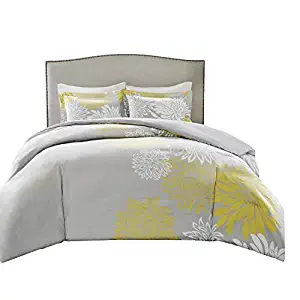 Comfort Spaces Enya 5 Piece Comforter Set Ultra Soft Hypoallergenic Microfiber Floral Print Bedding, King, Yellow/Grey