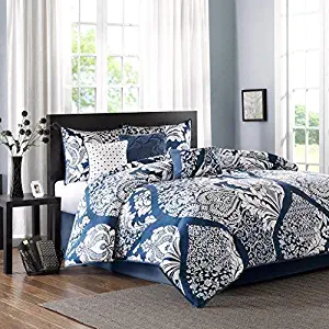 Madison Park Vienna Queen Size Bed Comforter Set Bed in A Bag - Indigo Blue, Damask – 7 Pieces Bedding Sets – Cotton Bedroom Comforters