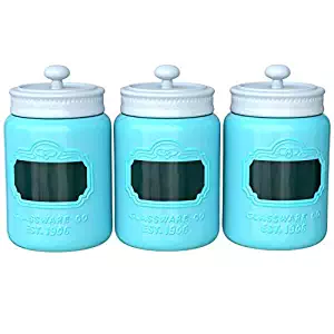 Mason Jar Ceramic Canister Set for Kitchen - Set of 3 Decorative Storage Containers with Air-Tight Lids for Coffee, Sugar & More - Country Style Storage w/Reusable Writable Surface - 12.85oz/Canister