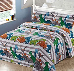 Luxury Home Collection 2 Piece Twin Size Quilt Coverlet Bedspread Bedding Set for Kids Boys Dinosaur Blue White Green Orange Gray (Twin Size)