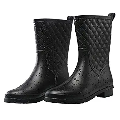 Petrass Women Rain Boots Black Waterproof Mid Calf Lightweight Cute Booties Fashion Out Work Comfortable Garden Shoes
