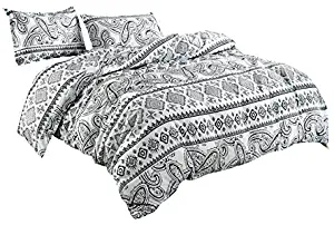 TTMALL Bedding sets 3-pieces Microfiber Duvet Cover Sets, White And Black Paisley Boho Bohemian Style Prints Floral Patterns Design,Without Comforter (Full/Queen, (1Duvet Cover+2Pillowcases)#08)