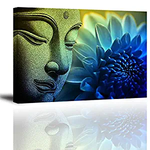 PIY 1 Piece Buddha Wall Art with Frame, Flower Picture Canvas Prints for Study or Office, Zen Wall Décor Paintings, Waterproof, 1" Thick, Blue