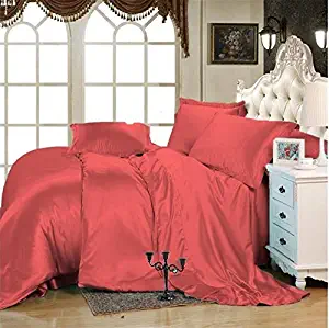 Satin Sheets - Luxurious Ultra Soft Silky Vibrant Color Satin 5-Piece Split Bed Sheet Set with 15'' deep (Split Cal-King, Blood Red)