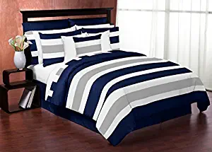 Sweet Jojo Designs 3-Piece Navy Blue, Gray and White Childrens, Teen Full/Queen Boys Stripe Bedding Set Collection