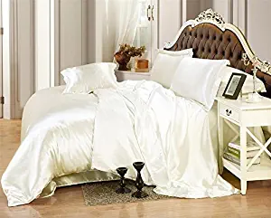 MoonLight Bedding Luxurious Ultra Soft Silky Satin 7-Piece (1 Flat Sheet, 1 Fitted, 1 Duvet Cover & 4 Pillowcases) Bed Sheet Set with Duvet Cover Set Queen, Ivory