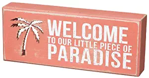 Beach-distressed Box Sign- "Welcome to Our Little Piece of Paradise",Pink, White,