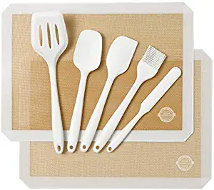 White Silicone Kitchen Utensil and Non-Stick Baking Mat Set - 7 Piece Set; 5 Silicone Utensils and 2 Silicone Non-Stick Baking Mats. Safe on Non-Stick Cookware.