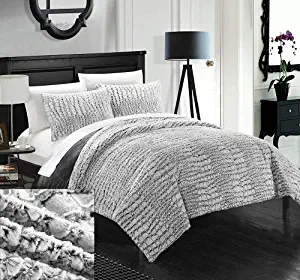 Chic Home 3 Piece New Faux Fur Collection with Mink Like Backing in Alligator Animal Skin Design Comforter Set, Queen, Grey