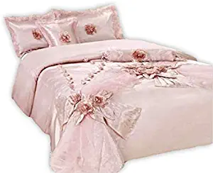 Tache Home Fashion 1632-Q Elegant Floral Light Princess Rose Pink Shabby Chic Satin Comforter Bedding Set, Queen, Raspberry Macaroon