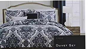 Nicole Miller King Duvet Cover Set Medallion 3 PC Blue Gray Black White Floral Bohemian Cotton Bedding