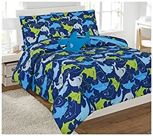 Fancy Linen Collection 8pc Full Size Shark Dark Blue Comforter Set With Furry Buddy Included # Shark