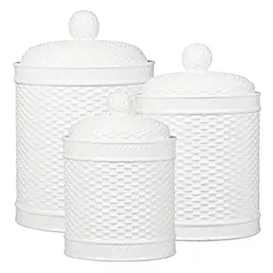 Home Essentials & Beyond Elegant Chic Stylish Weave Canister (Set of 3) in White, 130 oz. Capacity, Ceramic Construction