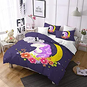 Jessy Home Duvet Cover 3 Piece Queen Size Unicorn Quilt Cover Flower Moon Bedroom Decora for Girls Children Gift Cartoon 3D Cute Bedding Set Purple (2Pillow Cases)