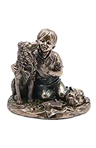 US 4.75 Inch Boy with Pet Shetland Sheepdog Textured Figurine Bronze Hued