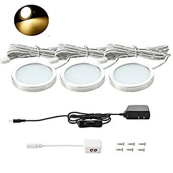 iMeshbean LED Under Cabinet Lighting Kit, 510lm/1020lm Puck Lights, 3000K, Warm/Cold White, All Accessories Included, Kitchen, Closet Lights, Set of 3/6 (Warm White, 3 Pack)