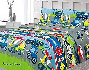 Sapphire Home Four (4) Piece Full Size Cars Trucks Police Plane Theme Print Sheet Set with Fitted, Flat and 2 Pillow Cases, Blue Green Gray Boys Kids Bedding Sheet Set