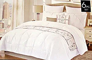 Cynthia Rowley Paris Eiffel Tower White Pintuck 6P QUEEN Comforter Set