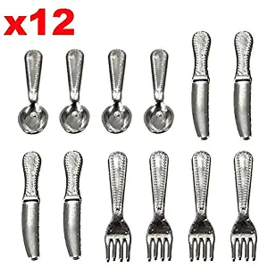 EatingBiting（R） 12Pcs Set 1:12 Dollhouse Miniature Dollhouse Kitchen Silverware Forks Spoons 1/12 Scale Miniature Doll Tableware Decoration , Exquisite Workmanship Crafts