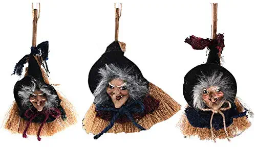 Nuxn 3pcs Hanging Animated Witch on Broomstick Halloween Decoration Witch Broom Doll Horror Hanging Flying Witch Figurine Ornaments for Patio Lawn Garden Party and Holiday Decorations