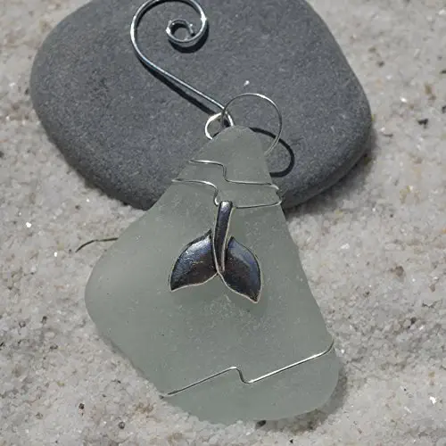 Custom Surf Tumbled Sea Glass Ornament with a Silver Whale's Tail Charm - Choose Your Color Sea Glass Frosted, Green, and Brown.