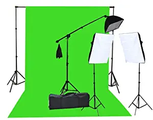 Fancierstudio 2000 Watt Lighting Kit with 10'x12' Chromakey Green Screen and Three Softbox Lights (One with Boom Arm Hairlight Softbox) for Studio Photography and Video Lighting (F9004SB 10x12G)