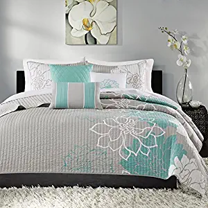 Madison Park Lola Full/Queen Size Set-Aqua, Grey, Floral, Flowers – 6 Piece Sateen, Cotton Poly Crossweave Bed Quilted Coverlet