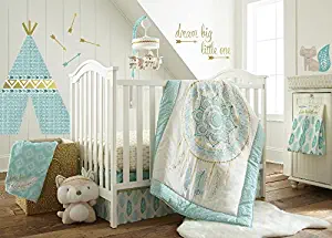 Levtex Baby Little Feather Aqua 5 Piece Crib Bedding Set, Quilt, 100% Cotton Crib Fitted Sheet, 3-tiered Dust Ruffle, Diaper Stacker and Large Wall Decals