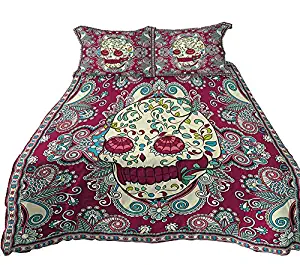 A Anoleu Purple Skull Combined with Paisley Design Printed Skull Bedding Set 3Pc, Reverse Comfortable Solid Purple Cotton Queen Size(Queen)