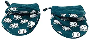 Northeast Home Goods Cotton Oven Mitt Mini Pot Gripper with Silicone Grip, Set of 2 (Teal with White Pumpkins)