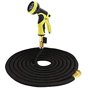 25FT Garden Hose Expandable Water Hose with Double Latex Core, 3/4" Solid Brass Fittings, Extra Strength Fabric -Flexible Expanding Hose with Metal 9 Function Spray Nozzle for Outdoor Lawn car