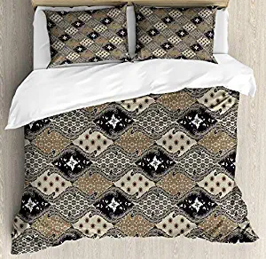 Twin Size Asian 4 Piece Bedding Set Duvet Cover Set, Indonesian Javanese Style Batik Pattern Wavy and Floral Design Old Fashioned Tile, Comforter Cover Bedspread Pillow Cases with Zipper Closure