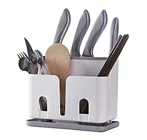 CY craft Multifunction Utensil Holder and Knife Block Without Knives,Countertop Utensil Organizer Flatware Caddy,Drying Rack Basket for Knives/Forks/Spoons/Chopsticks,Grey and White,Pack of 1