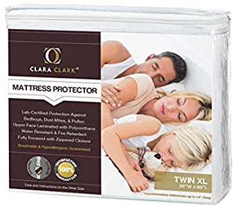 Twin XL Size Clara Clark Hypoallergenic 100% Waterproof Washable Fire Retardant Mattress Cover, Protects From Bed Bugs, Dust Mites, Pollen, Mold And Fungus, Great for Asthma, Eczema And Allergy Sufferers, Available In 5 Sizes, Fits Mattresses Up To 15" Thick