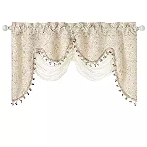 GoodGram Ultra Elegant Clipped Jacquard Georgette Fringed Window Valance with an Attached Sheer Swag Assorted Colors (Beige)