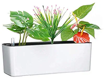 Elongated Self Watering Planter Pots Window Box with Coconut Coir Soil 5.5 x 16 inch Indoor Home Garden Modern Decorative Planter Pot for All House Plants Flowers Herbs (1, White(5.5"x16"))