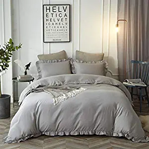 HYPREST Queen Duvet Cover Set Micorfiber Lightweight Soft Solid Color 3PC Bedding Set with Exquisite Flouncing Light Grey