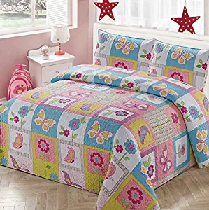 Luxury Home 3 Piece Full/Queen Size Collection Quilt Coverlet Bedspread Bedding Set for Kids Teens Girls Patchwork Butterfly Flower Pink Yellow White Blue Green Purple