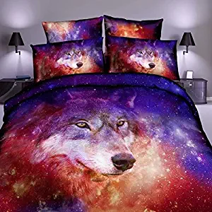 Ammybeddings Twin Size Outer Space Galaxy Bedding Set 3D Galaxy and Wolf Bedding 1 Duvet Cover1 Flat Sheet and 2 Pillow Shams 4 PCS Cool Stylish Bedroom Decor(No Comforter,No Fitted Sheet)