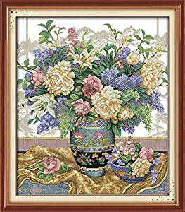 Cross Stitch Embroidery Starter Kit Including 11ct Classic Reserve Aida Colored Threads and Tools Oriental Vase (No Frame)