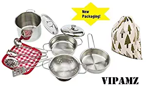 VIPAMZ My First Play Kitchen Toys Pretend Cooking Toy Cookware Playset for Kids 11-Pieces Stainless Steel Pots and Pans with Cooking Utensils -Dishwasher Safe