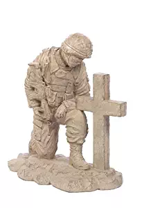 Solid Rock Stoneworks Kneeling Soldier at Cross Stone Military Statue 22in Tall