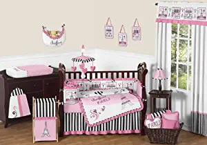Sweet Jojo Designs 9-Piece Pink, Black and White Stripe Paris Baby Girl Bedding French Eifell Tower Crib Set