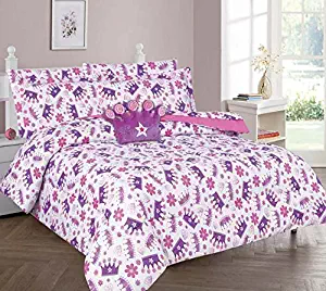 Elegant Home Multicolors Pink White Purple Beautiful Princess Crown Design 8 Piece Comforter Bedding Set for Girls /Kids Bed In a Bag With Sheet Set & Decorative TOY Pillow # Crown 2 (Full Size)