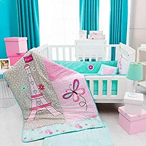 DreamPartyWorld Eiffel Tower Paris Baby Girls Crib Bedding Set Nursery Set Gift Bedding Pink 100% Cotton
