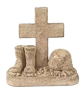 Solid Rock Stoneworks Soldiers Boots Helmet At Cross Stone Memorial Statue 18in Tall Desert Sand Brown Color