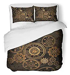 Emvency 3 Piece Duvet Cover Set Breathable Brushed Microfiber Fabric Steampunk Steam Punk Gears Clock Abstract Gold Technology Vintage Bronze Century Bedding with 2 Pillow Covers Full/Queen Size