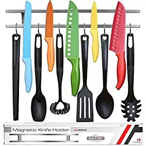 18 inch Magnetic Knife Holder From Any Kitchen Stuff - Stainless Steel Magnet Tool Bar With 6 Removable Hooks, Wall Mount Home Organizer Rack Strip for Metal Utensil Set - Includes Screws and Hardware