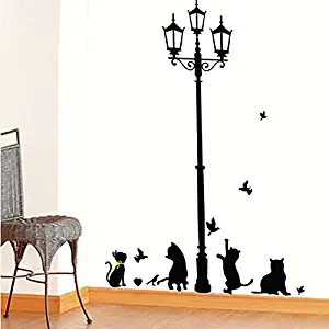 Alrens_DIY(TM)Cute Naughty Kittens Cats Catching Butterflies Lamp DIY Eco-friendly PVC Vinyl Bedroom Wall Sticker Removable Home Decoration Creative Art Décor Kids Nursery Room adesivo de parede Mural Living Room Decorative Decal